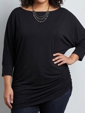 NWT KIM & CAMI Black Long Sleeve Ruched Top Boat Neck 1X